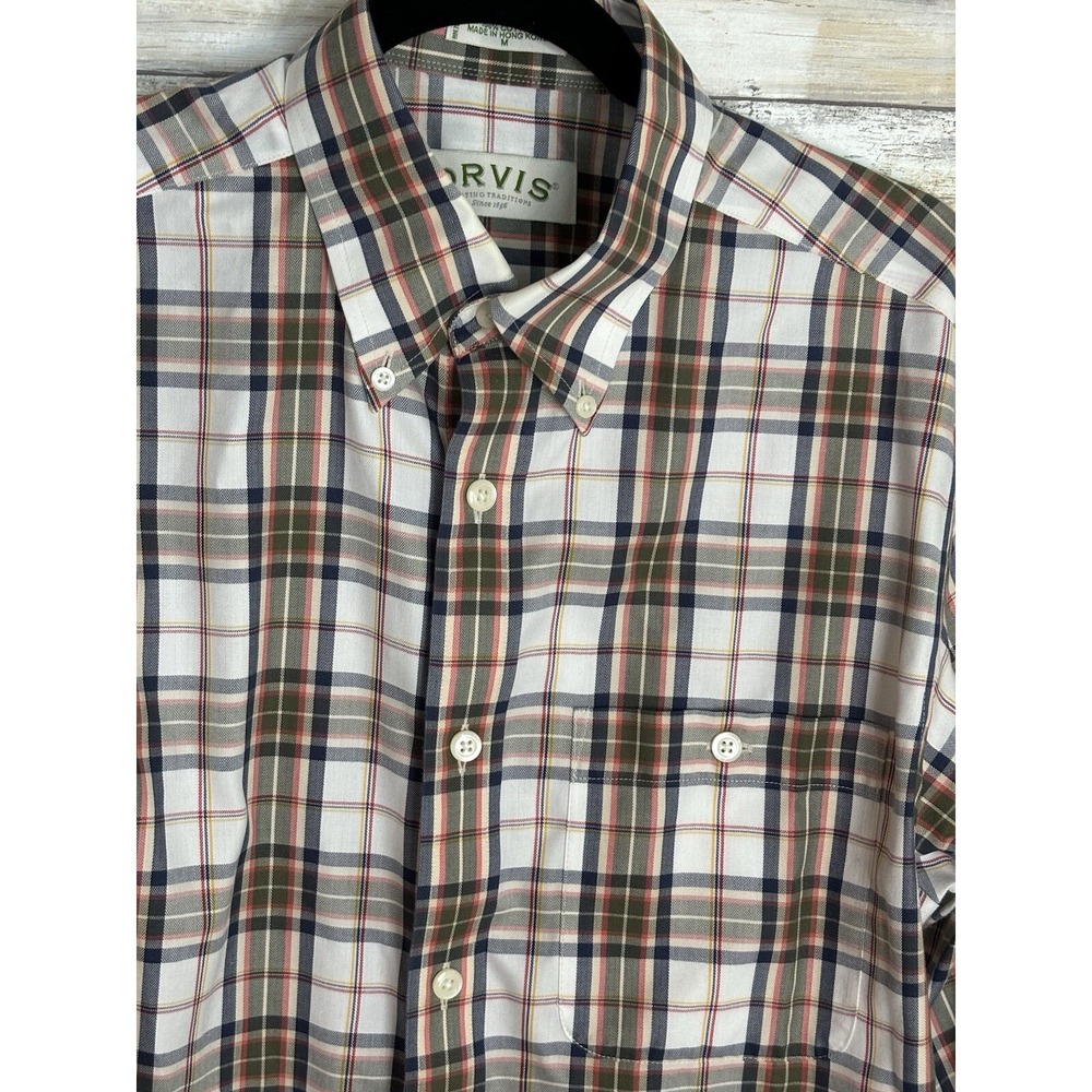 Orvis Men's Sz M Plaid Cotton Button Up Shirt Long‎ Sleeve Orange Blue - Picture 2 of 8